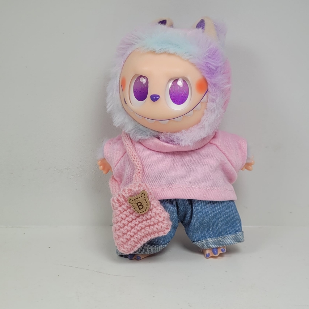 Labubu demim Outfit with Pink Hoodie and Denim Pants, Crocjet Bear Bag.  No Doll
